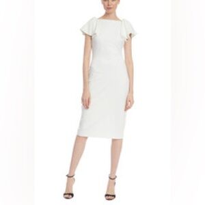 NWT $395 Badgley Mischka Flutter Sleeve Pencil Midi dress white crepe bridal